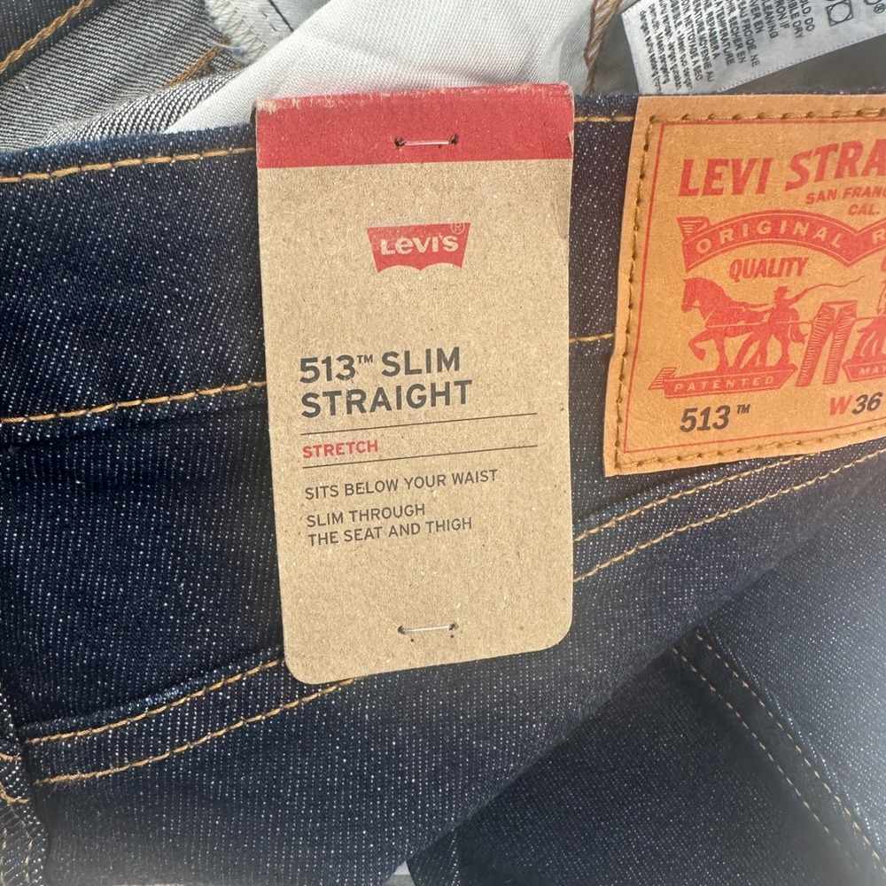Levi's 513 Slim Straight Selvedge Jeans Mens 36x30 Dark Wash Blue Solid NWT - Picture 11 of 12